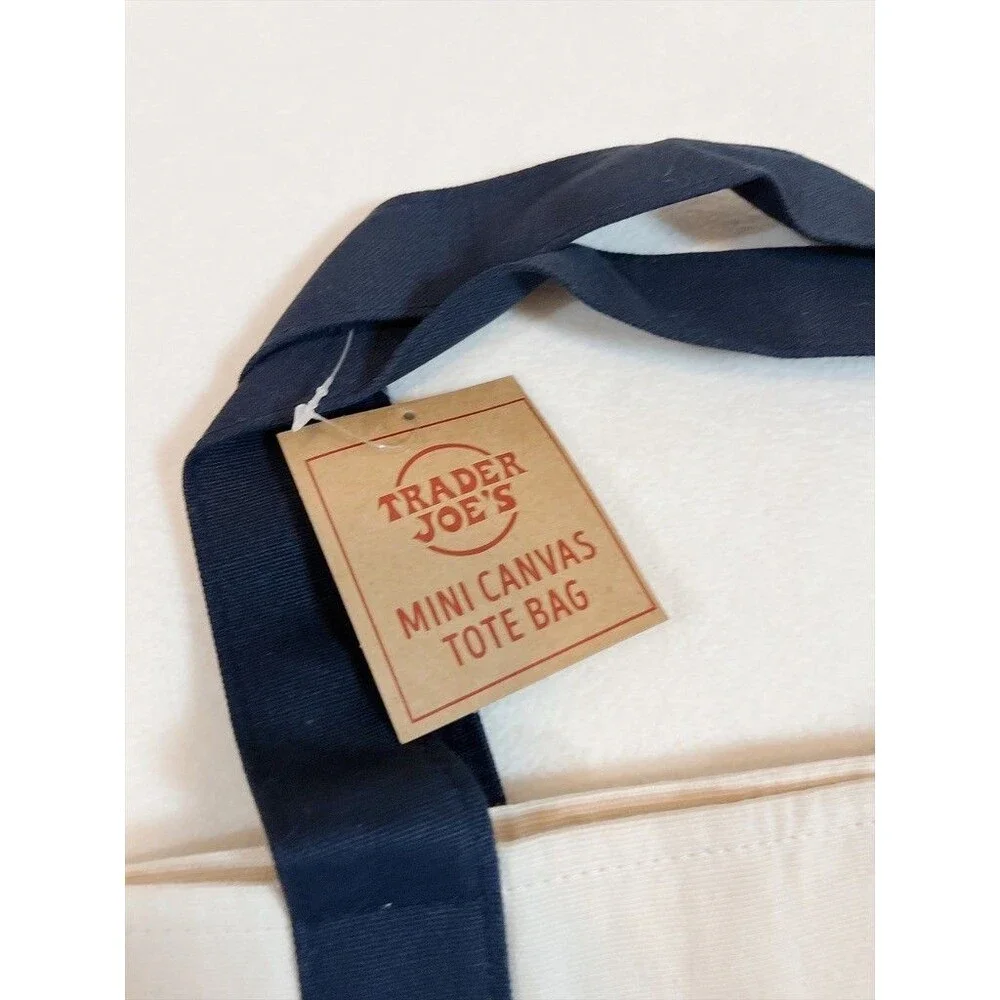 Trader Joe's Navy Canvas Mini Tote Bag Embroidered Double Handles NWT